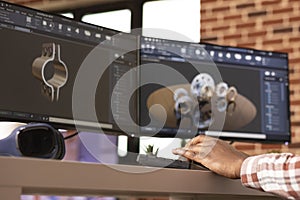 Remote cad designer analyzing 3d construction components