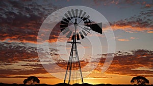 Remote Central Australia windmill silhouetted against a stunning sunset