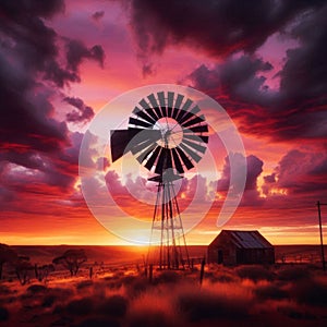 Remote Central Australia windmill silhouetted against a stunning sunset