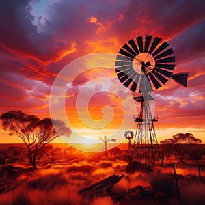 Remote Central Australia windmill silhouetted against a stunning sunset