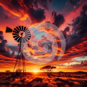 Remote Central Australia windmill silhouetted against a stunning sunset