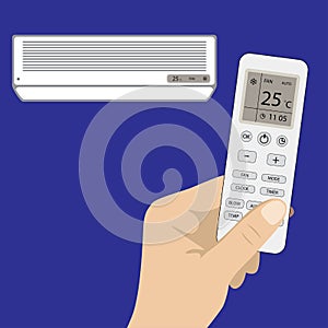 Remote control of air conditioner in hand and white air conditio