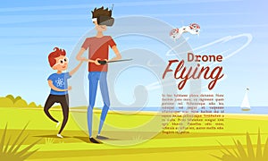 Remote control background. Modern drone concept for card and poster. Man teaches child to play outdoors in park. Radio