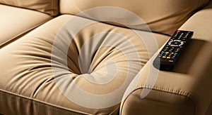 remote control on a beige leather sofa armrest
