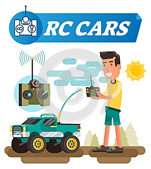 Remote control cars vector illustration. Boy with joystick buttons drive wireless car with antenna. Electronic off road wifi toy.