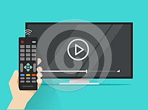 Remote control in hand near flat screen tv watching video film, cartoon design person watching movie or film on