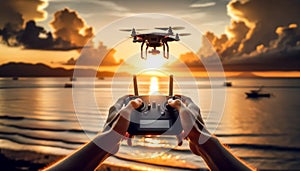 Remote control in hands piloting drone during sunset over the ocean. Adventure, exploration concept