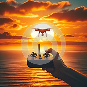 Remote control in hands piloting drone during sunset over the ocean. Adventure, exploration concept