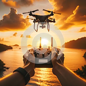 Remote control in hands piloting drone during sunset over the ocean. Adventure, exploration concept