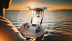 Remote control in hands piloting drone during sunset over the ocean. Adventure, exploration concept