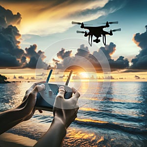 Remote control in hands piloting drone during sunset over the ocean. Adventure, exploration concept