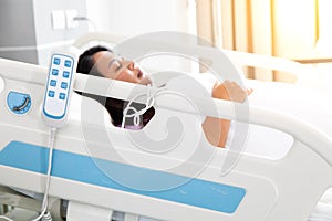 Remote control hanging of hospital bed. Services technology of medical at hospital room