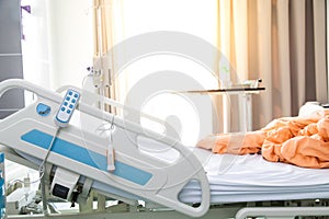 Remote control hanging of hospital bed. Services technology of medical at hospital room