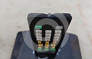 Remote control standing on the dish satellite box, Receiver for satellite and remote control, digital TV satellite, set-top box