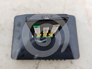 Remote control standing on the dish satellite box, Receiver for satellite and remote control, digital TV satellite, set-top box