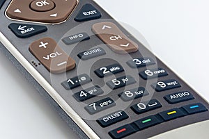 remote control from the TV on a white background. Close-up of a TV remote control. selective focus