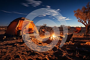 Remote desert campsite Isolated wilderness experience amidst arid expanse under starlit skies