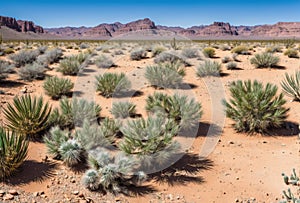 A remote desert vista with cracked ground and resilient cacti, braving the intense heat of the sun to thrive in this