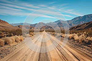 Remote dirt road traverses desert wilderness, evoking adventurous spirit