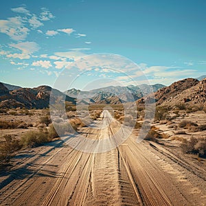 Remote dirt road traverses desert wilderness, evoking adventurous spirit