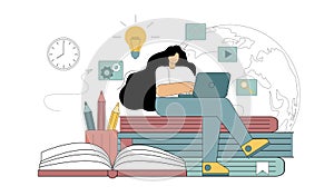 Remote education. E-learning concept. Online video tutorial. Vector illustration on white background.