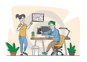 Remote Freelance Homeworking, Domestic Work Place, Self-employment . Man and Woman Freelancers at Home Working Distant photo