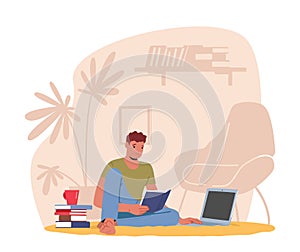 Remote Freelance Work, Homeworking Place Concept. Man Freelancer Sit On Floor With Coffee Cup And Pile Of Books photo