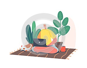 Remote Freelance Work, Homeworking Place Concept. Man Freelancer Sitting on Floor in Yoga Pose with Cat and Coffee Cup photo