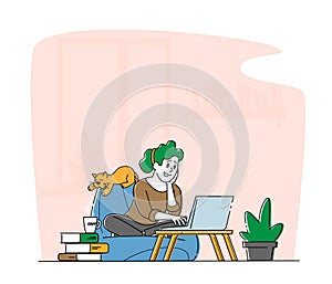 Remote Freelance Work, Homeworking Place Concept. Woman Freelancer Sit in Comfortable Beanbag Armchair Working Distant photo
