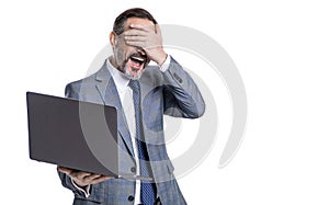 Remote freelance working. Businessman freelancer in office suit. Business success. Businessman communication on computer