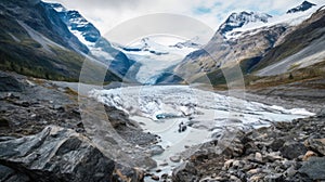 Remote Glacier Carving Its Way Through A Rugged Landscape. Generative AI photo