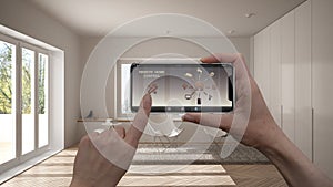 Remote home control system on a digital smart phone tablet. Device with app icons. Interior of minimalist living room in the backg