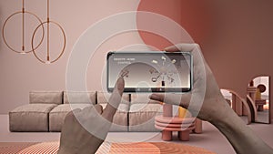 Remote home control system on a digital smart phone tablet. Device with app icons. Interior of pastel colored living room with