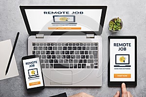 Remote job concept on laptop, tablet and smartphone screen