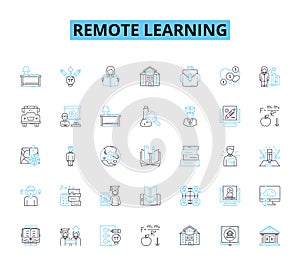 Remote learning linear icons set. Virtual, Digital, Online, Distance, E-learning, Web-based, Tele-education line vector