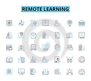 Remote learning linear icons set. Virtual, Digital, Online, Distance, E-learning, Web-based, Tele-education line vector
