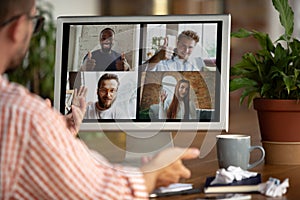 Remote meeting. Man working from home during coronavirus or COVID-19 quarantine, remote office concept.