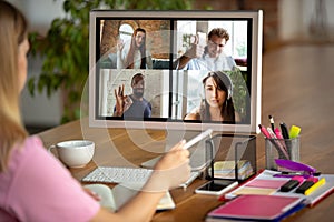 Remote meeting. Woman working from home during coronavirus or COVID-19 quarantine, remote office concept.