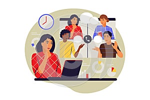 Remote meetings concept. Video conference, remote work concept. Vector illustration. Flat