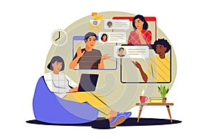 Remote meetings concept. Video conference, remote work concept. Vector illustration. Flat