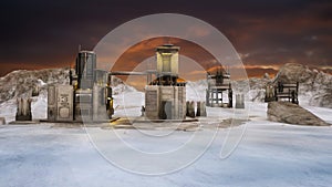 Remote mining outpost in a frozen landscape. Sci-fi concept 3d rendering