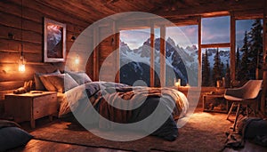 A remote mountain cabin bedroom with neon lights creating a cozy and warm