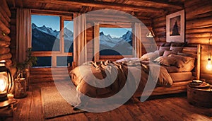 A remote mountain cabin bedroom with neon lights creating a cozy and warm