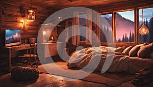 A remote mountain cabin bedroom with neon lights creating a cozy and warm