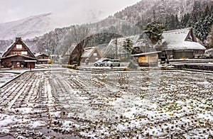 Remote mountain villages of gassho-style houses in Shirakawa-go in winter