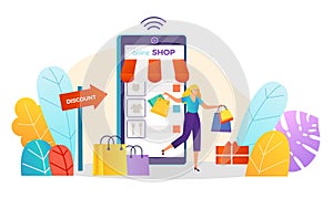 Remote online payment, female hold shopping bag with clothes, tiny character stand mobile phone flat vector illustration