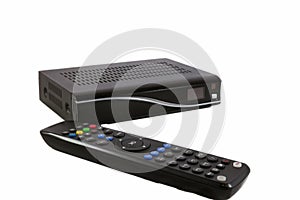 Remote and Receiver for Satellite TV on white front view