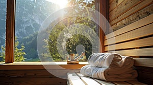 A remote and secluded wooden sauna deep in the mountains offering a peaceful escape for wellness seekers. photo