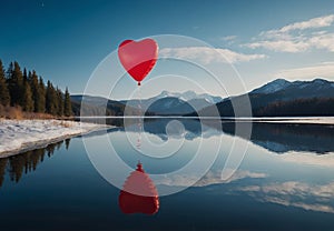 Remote Serenade: Red Heart Balloon Floating Above Icy Waters