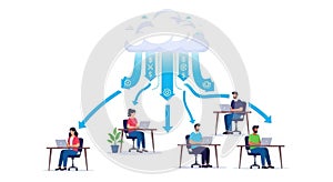 Remote team collaboration cloud computing data flow connectivity people working together